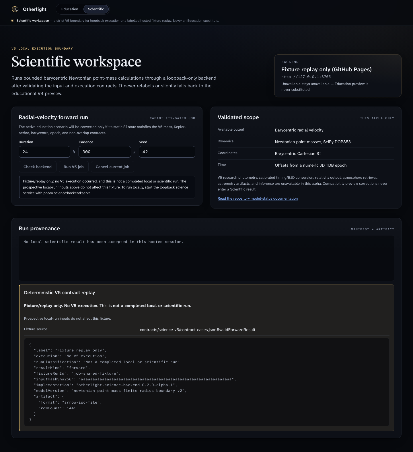 Otherlight Scientific workspace showing a capability-gated radial-velocity run form, the validated scope, and a run-provenance manifest labelled as a fixture replay.